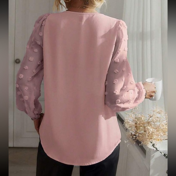 Luxe blue  V neck Swiss dot sleeve blouse - Picture 12 of 15